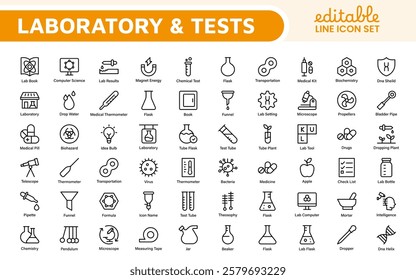 Laboratory and Tests Icon Set. A precise collection of icons for scientific testing and research, perfect for enhancing educational materials, lab websites, and health applications.