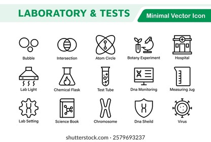 Laboratory and Tests Icon Set. A precise collection of icons for scientific testing and research, perfect for enhancing educational materials, lab websites, and health applications.