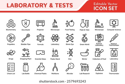 Laboratory and Tests Icon Set. A precise collection of icons for scientific testing and research, perfect for enhancing educational materials, lab websites, and health applications.
