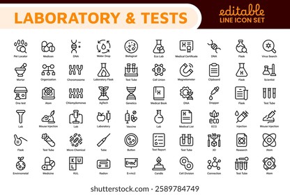 Laboratory and Tests Icon Set. A precise collection of icons for scientific testing and research, perfect for enhancing educational materials, lab websites, and health applications.