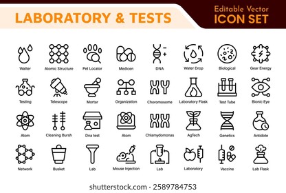 Laboratory and Tests Icon Set. A precise collection of icons for scientific testing and research, perfect for enhancing educational materials, lab websites, and health applications.