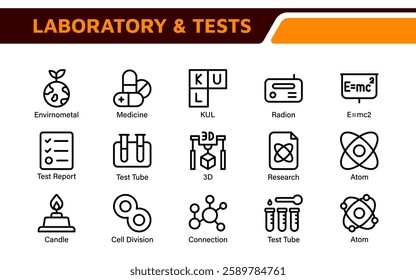 Laboratory and Tests Icon Set. A precise collection of icons for scientific testing and research, perfect for enhancing educational materials, lab websites, and health applications.