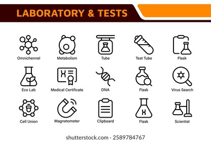 Laboratory and Tests Icon Set. A precise collection of icons for scientific testing and research, perfect for enhancing educational materials, lab websites, and health applications.