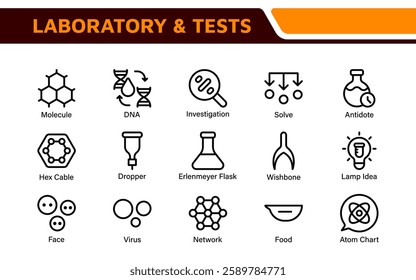 Laboratory and Tests Icon Set. A precise collection of icons for scientific testing and research, perfect for enhancing educational materials, lab websites, and health applications.