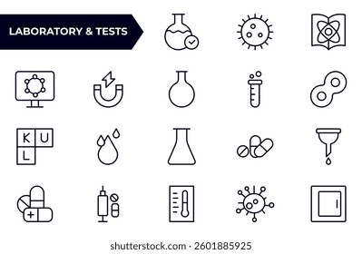 Laboratory and Tests outline Icon Set. A precise collection of icons for scientific testing and research, perfect for enhancing educational materials, lab websites, and health applications.