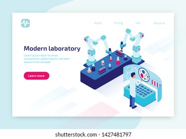 Laboratory Tests Using Modern Technologies. Doctor Watching on Human Blood Cell at Virtual Screen. Qualified Medical Care, Healthcare, Diagnosis. 3D Isometric Vector Illustration, Horizontal Banner