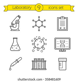 Laboratory tools linear icons set. Thin line research lab equipment illustrations. Scientific, pharmaceutical and medical lab appliance contour symbol. Vector isolated outline drawings 