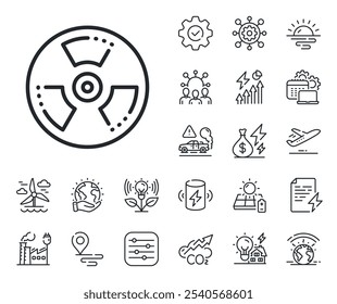 Sinal tóxico laboratorial. Ícones de energia, emissão de CO2 e contorno do painel solar. Ícone de linha de risco químico. Símbolo de aviso de química. Sinal de linha de perigo químico. Eco elétrico ou ícone de energia eólica. Vetor