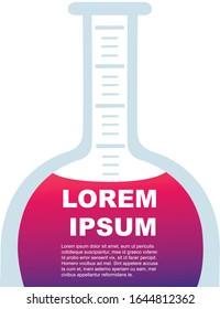 Matraz transparente de vidrio de laboratorio con tarjeta de saludo de líquido rojo o diseño de volante química de laboratorio ilustración plana vectorial