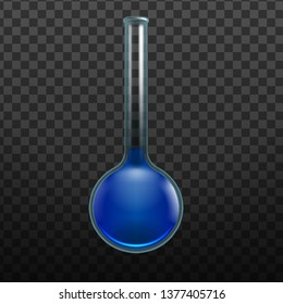 Laboratory Transparent Glassware Instrument Vector. Filled Flask With Blue Liquid For Chemical Bio Laboratory Isolated Image On Transparency Grid Background. Realistic 3d Illustration