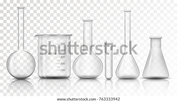 Laboratory transparent\
glassware instruments. Empty equipment for chemical lab in\
realistic style. Beaker and flask, chemical glass transparent for\
lab. Vector\
illustration