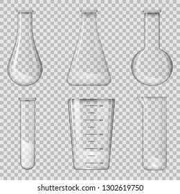Laboratory transparent glassware instruments with reflect. Filled equipment for chemical lab in realistic style. Beaker and flask, chemical glass transparent for lab. Vector illustration