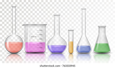 Laboratory transparent glassware instruments with reflect. Filled equipment for chemical lab in realistic style. Beaker and flask, chemical glass transparent for lab. Vector illustration
