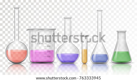 Laboratory transparent glassware instruments with reflect. Filled equipment for chemical lab in realistic style. Beaker and flask, chemical glass transparent for lab. Vector illustration