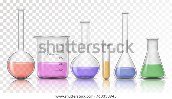 Laboratory\
transparent glassware instruments with reflect. Filled equipment\
for chemical lab in realistic style. Beaker and flask, chemical\
glass transparent for lab. Vector\
illustration