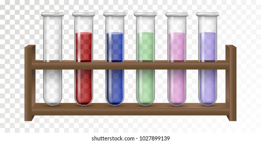 Laboratory transparent glassware test tubes with colored liquid. Empty and Filled flask for chemical lab in realistic style. Vector illustration