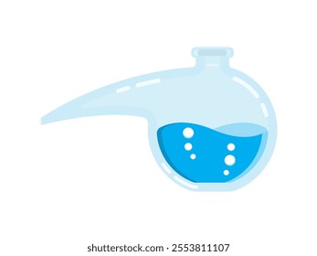 Laboratory tube glass with bluish and bubbly liquid, chemical boiling beaker flask glass with round shape. Simple 3d graphic design flat of Chemistry equipment icon isolated on white background