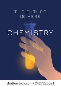 Tubo de laboratorio en mano humana. Química o biología, ciencia, investigación y educación. Cartel. Ilustración de vector