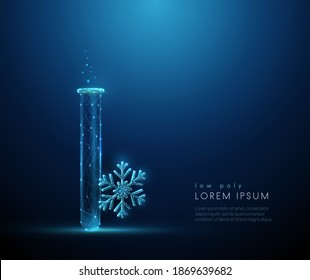 Laboratory tube and snowflake. Low poly style design. Abstract blue geometric background. Wireframe light connection structure. Modern 3d graphic concept. Isolated vector illustration.