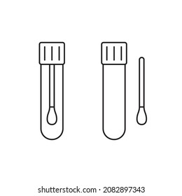 Tubo de laboratorio con tupfer para frotis clínica, icono lineal. Suministros médicos para la prueba de saliva. Esquema simple vector. Contexto aislado pictograma sobre fondo blanco