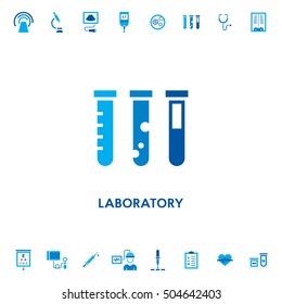 Laboratory tubes diagnostic vector icon logo. Chemical test signs with liquid. Isolated biology equipment design on white background. Medical research illustration for laboratory, hospital.