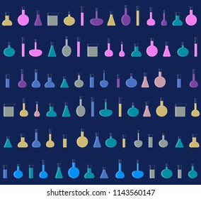 Laboratory tubes, vial with colored liquid, equipment for chemical experiments or tests, seamless science lab pattern, dark background, flat vector illustration.