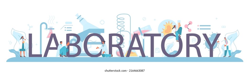 Laboratory typographic header. Pharmaceutical research, scientist making clinical test. New medicine development. Researcher with microscope. Flat vector illustration