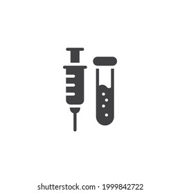 Icono vector de vacuna de laboratorio. signo plano relleno para concepto móvil y diseño web. Tubos de ensayo e icono de glifo de jeringa. Símbolo, ilustración del logotipo. Gráficos vectoriales
