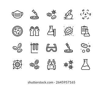 Conjunto de Ícones Vetoriais de Laboratório | Espessura ajustável da linha | Microscópio, máscara, bactérias, tubo de ensaio, seringa, luvas, placa de Petri, experiência, saúde, biologia, germes, ícones de pesquisa