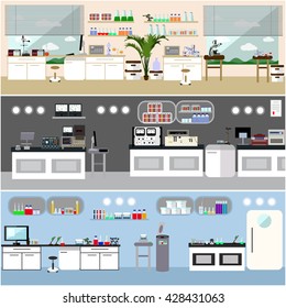 Laboratory vector illustration. Science lab interior. Biology, Physics and Chemistry education concept. Scientific equipment and tools.