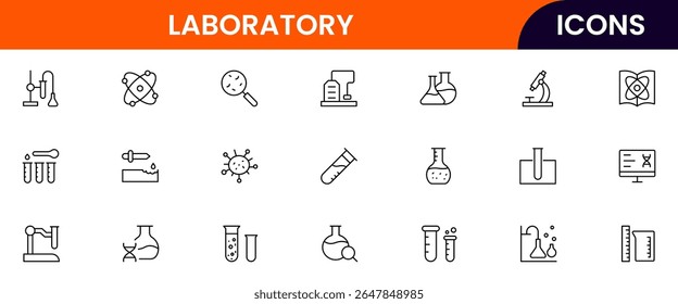 Coleção de ícones de vetor da web do laboratório, ilustrações elegantes do equipamento do laboratório, tecnologia do VE e inovação sustentável para projetos científicos.