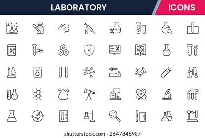 Laboratory vector web line icon collection, sleek illustrations of lab equipment, EV tech, and sustainable innovation for scientific projects.