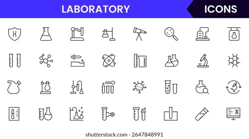 Coleção de ícones de vetor da web do laboratório, ilustrações elegantes do equipamento do laboratório, tecnologia do VE e inovação sustentável para projetos científicos.