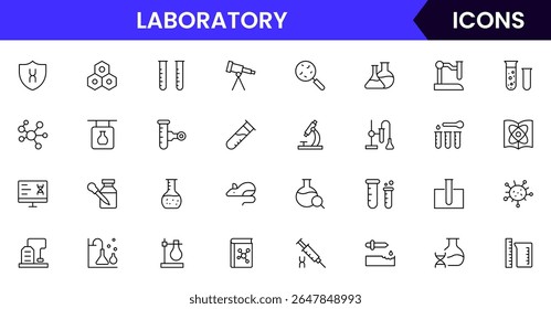 Laboratory vector web line icon collection, sleek illustrations of lab equipment, EV tech, and sustainable innovation for scientific projects.
