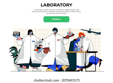 Laboratory web banner concept. Scientists in white coats making scientific research in lab, doctors doing medical tests, landing page template. Vector illustration with people scene in flat design