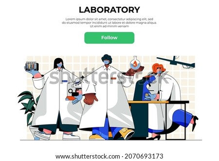 Laboratory web banner concept. Scientists in white coats making scientific research in lab, doctors doing medical tests, landing page template. Vector illustration with people scene in flat design