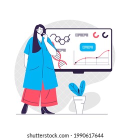 Laboratory web concept. Woman analyzing data of experiments on monitor. Scientific research people scene. Flat characters design for website. Vector illustration for social media promotional materials