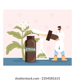 Laboratory worker holding pipette with stevia natural ingredient. Natural stevia supplement concept. Flat vector illustration in cartoon style in blue and brown colors