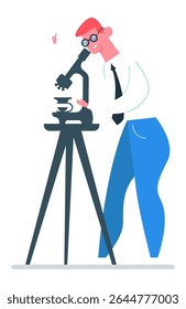 Laboratory worker looking into microscope and doing medical research showing thumb up, healthcare and medical concept illustration isolated on white background