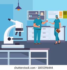 Laboratory workers chemists scientist doctors working and researching. Vector flat cartoon graphic design illustration
