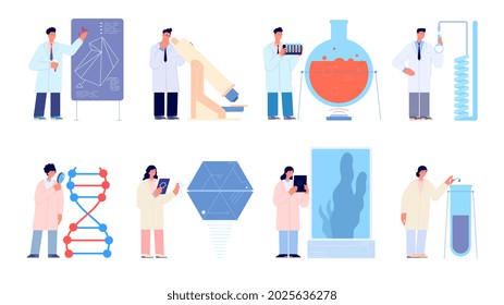 Laboratory workers. Engineer researcher, scientist work with lab equipment. Biologist researching, science technology students utter vector set