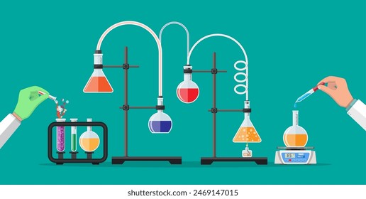 Trabajadores de laboratorio sosteniendo tubo de vidrio y pipeta. Pruebas médicas de educación en ciencias biológicas. Ilustración vectorial en estilo plano