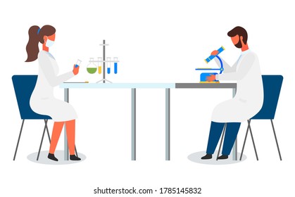 Laboratory workers making experiments. Scientist man with mircoscope. Woman researcher exploring flasks with liquid samples. Man, woman sitting at table make laboratory researches. Set of characters