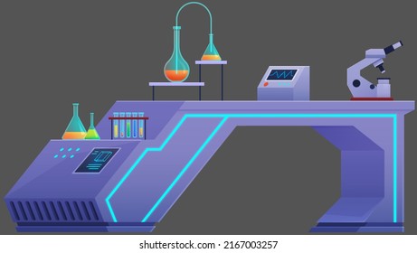 Laboratory workspace and workplace concept. Chemistry research lab interior with professional equipment for experiment, physics, biology. Science and technology development, biotechnology and analysis