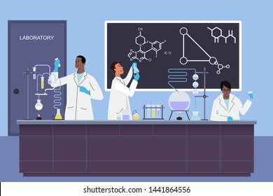 Laboratory young scientists assistants work in scientific medical chemical or biological lab doing experiments vector illustration.