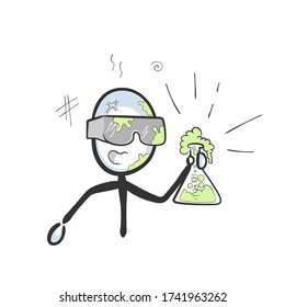 Laboratoty experiment went wrong. Chemist holding flask. Solution explosion. Hand drawn. Stickman cartoon. Doodle sketch, Vector graphic illustration