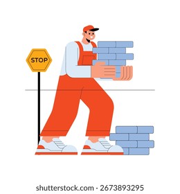 Laborer Carries Brick flat Vector Illustration 