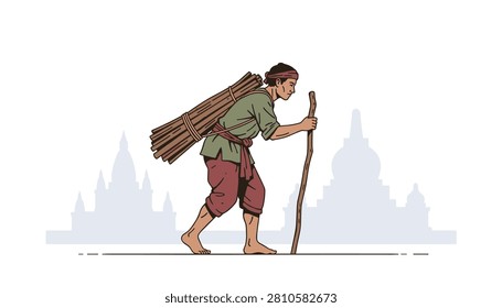 Laborer carrying a large bundle of wooden sticks on his back using a walking stick with a silhouette of a temple in the background.