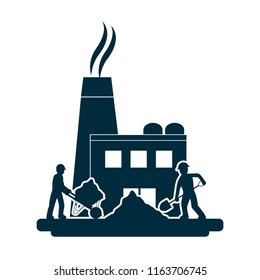 laborer with construction equipment and pollution factory