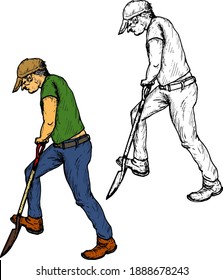 Laborer digging hole with spade. Hand drawn vector illustration.